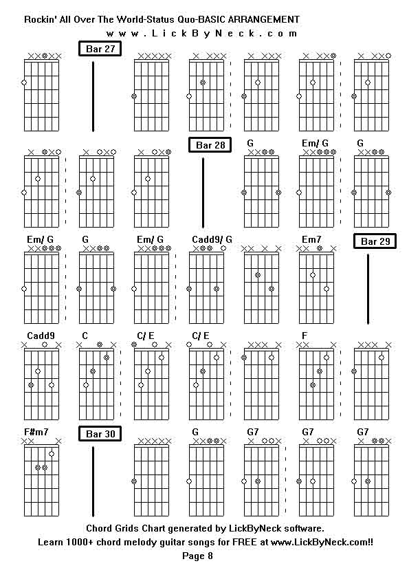 Chord Grids Chart of chord melody fingerstyle guitar song-Rockin' All Over The World-Status Quo-BASIC ARRANGEMENT,generated by LickByNeck software.